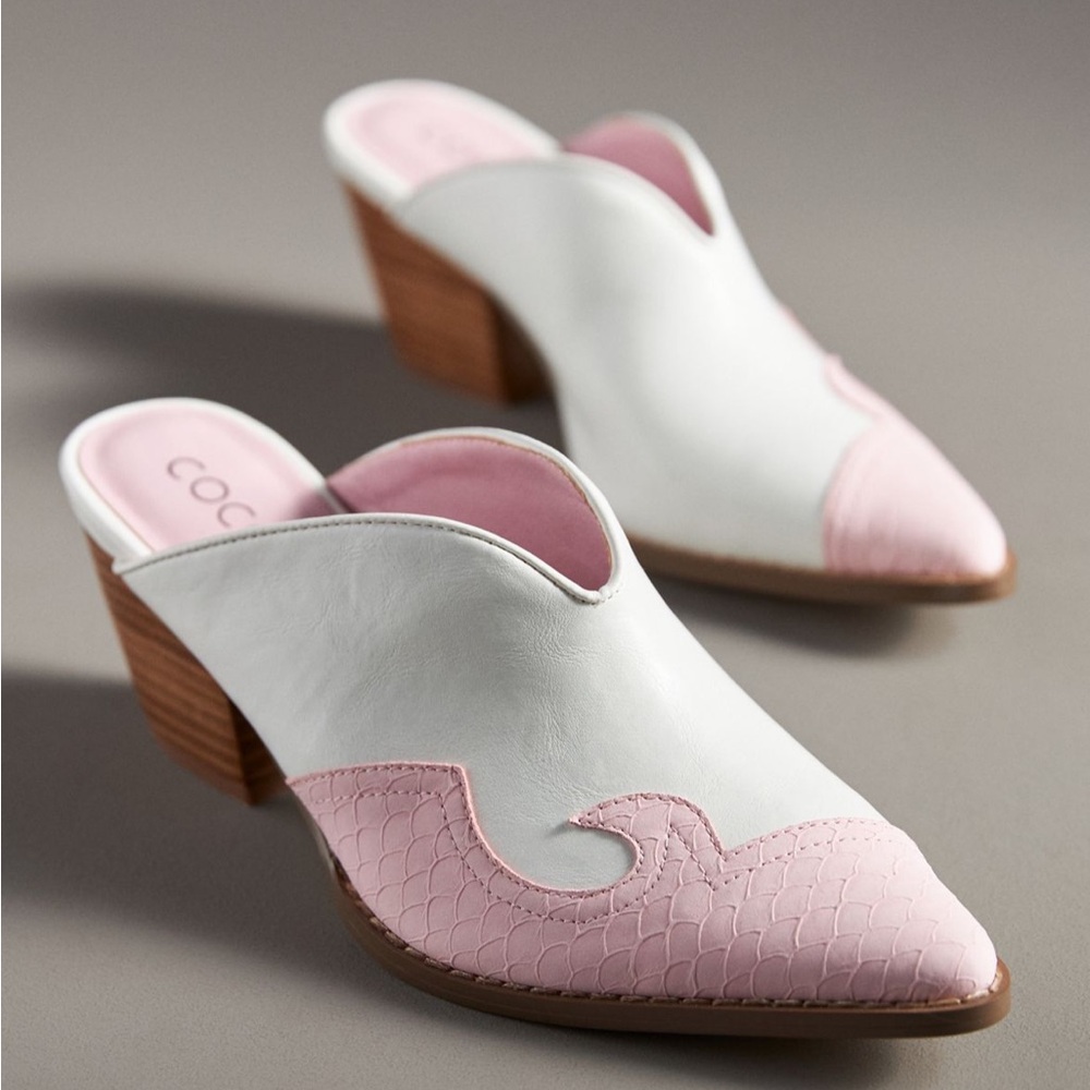 Coconuts by Matisse 
Pink and White Colt Boot Mules 
Cowgirl Boot Mules